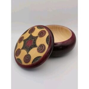 VTG HAND CARVED Circle Folk Art Poland Wooden Round Trinket Box Red 4.5" NICE!‎